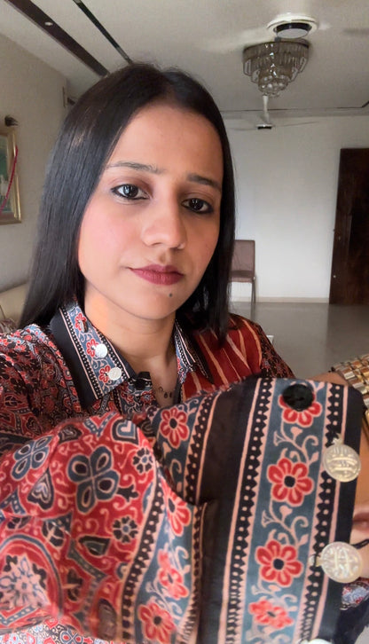 Stripe Red Ajrakh Printed Indo-Western Crepe Shirt Top - shirt