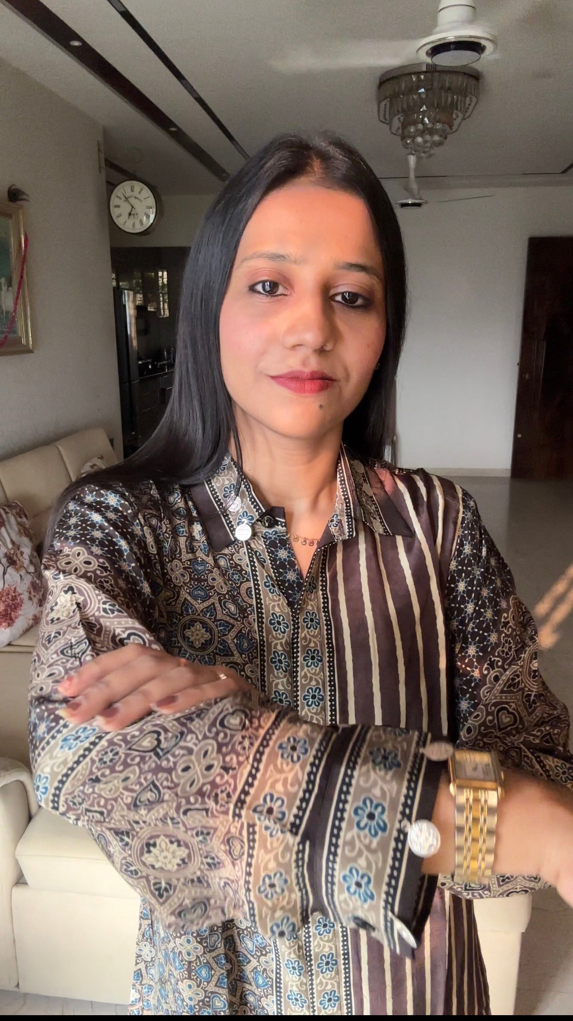 Stripe Brown Ajrakh Printed Indo-Western Crepe Shirt Top