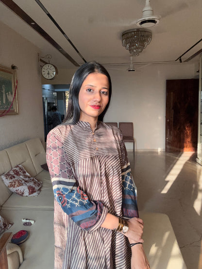 Brown Muslin Flared Kurti with Printed Sleeves for Women