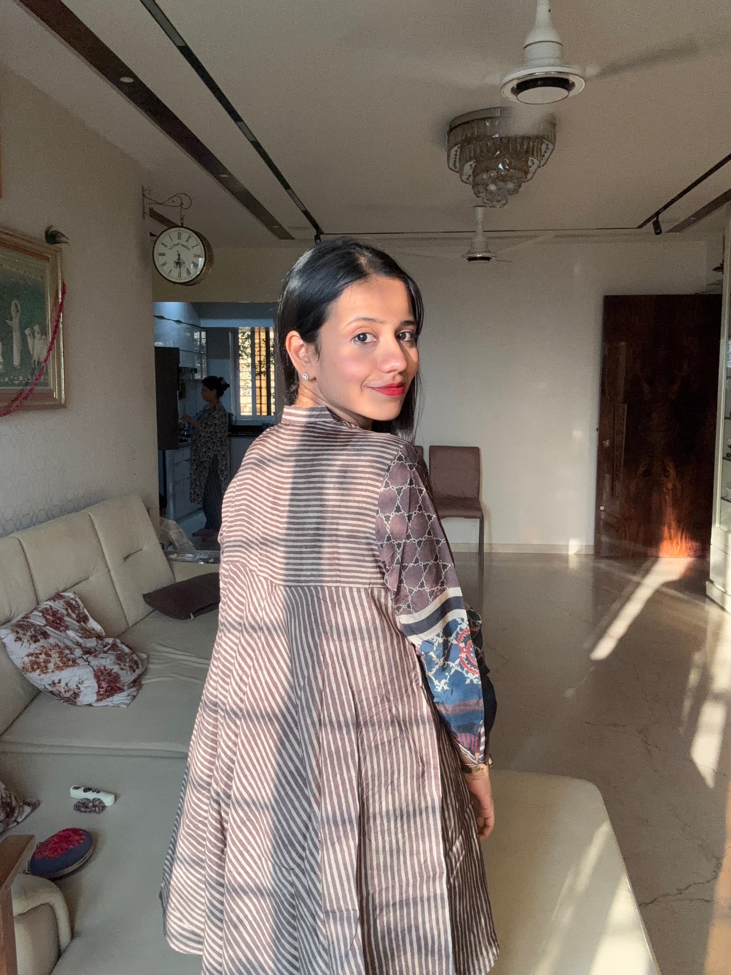 Brown Muslin Flared Kurti with Printed Sleeves for Women