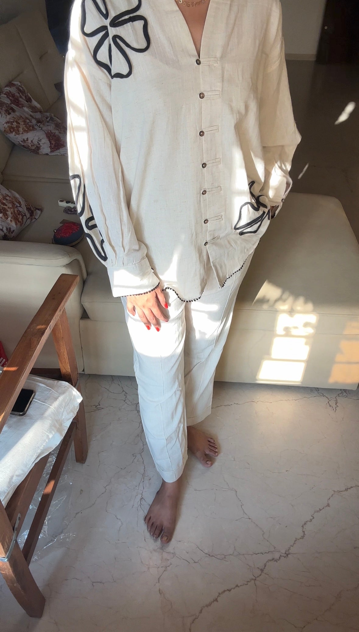 White Applique Work Cotton Flex Co-Ord Set - Coord Set for Women