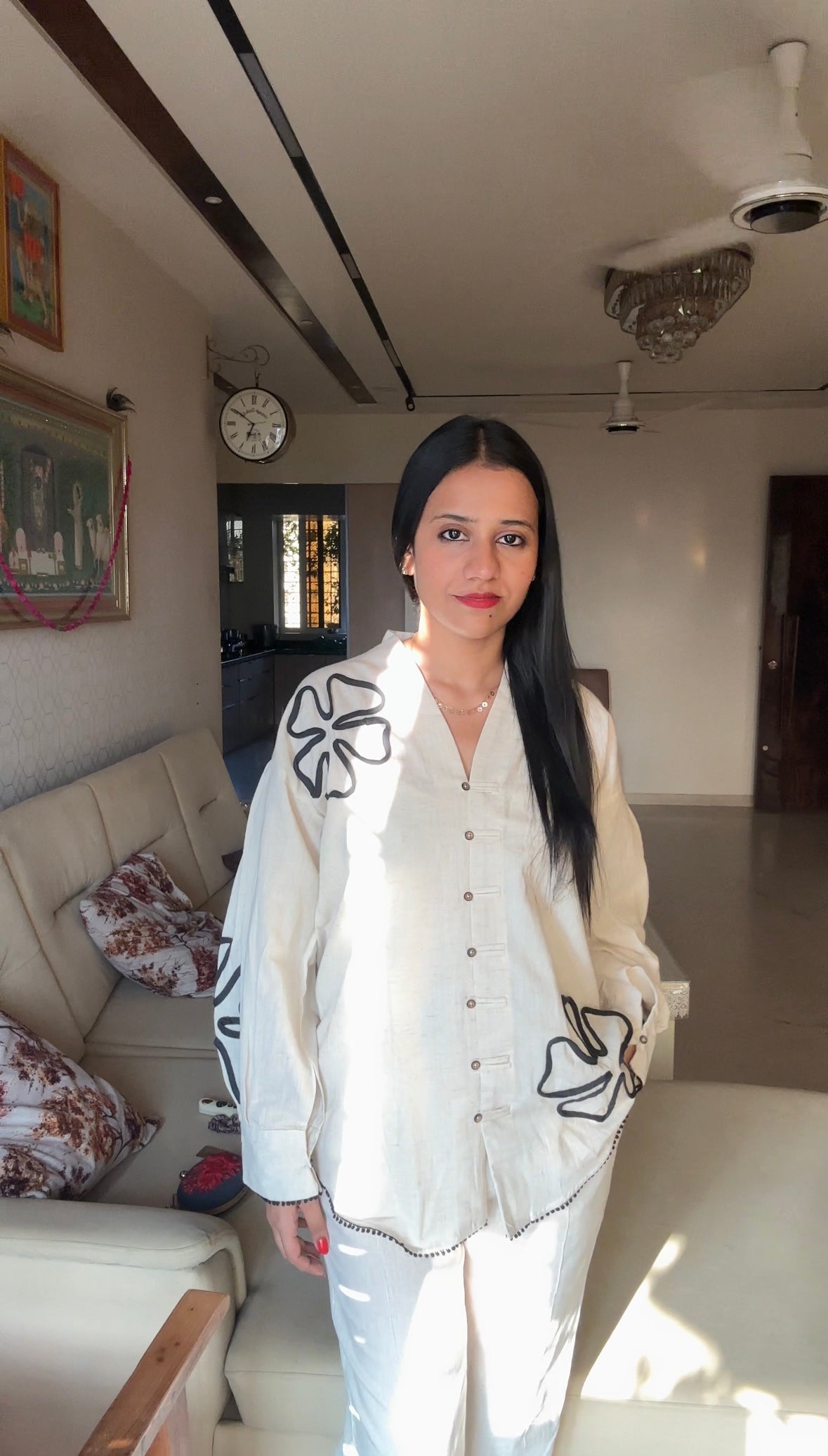 White Applique Work Cotton Flex Co-Ord Set - Coord Set for Women