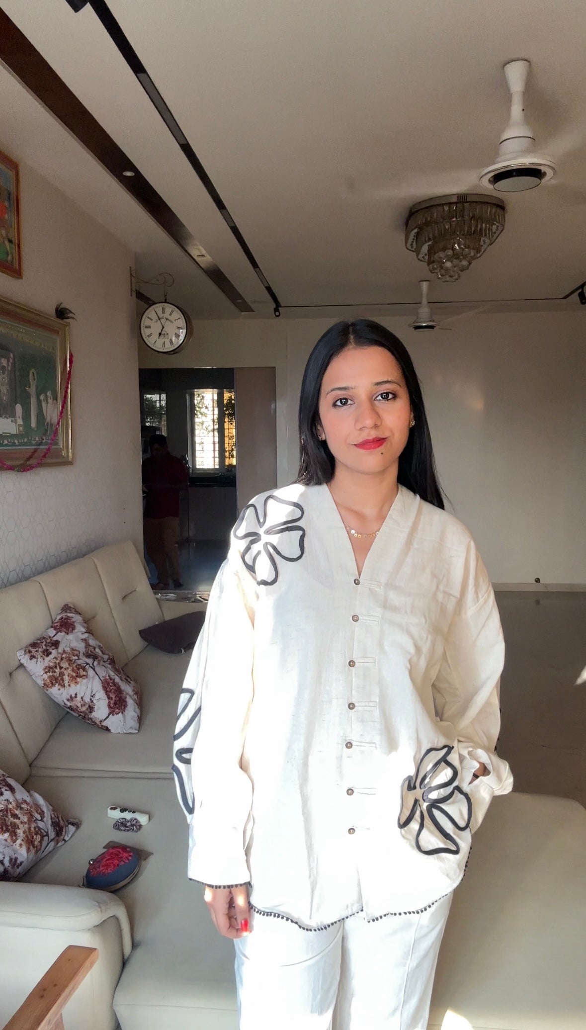 White Applique Work Cotton Flex Co-Ord Set - Coord Set for Women