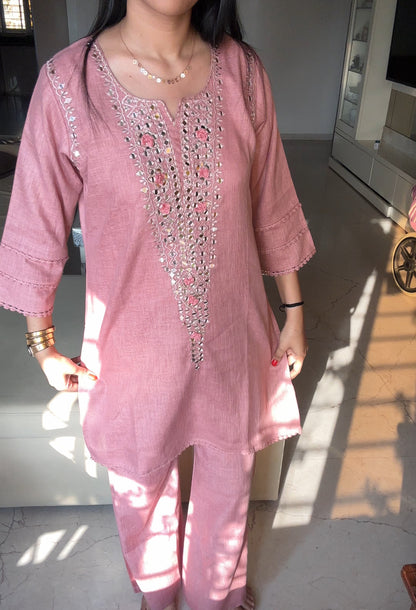 Peach Mirror Work Indo western kurta set