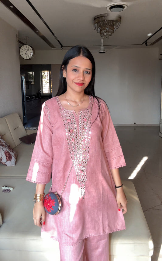 Peach Mirror Work Indo western kurta set