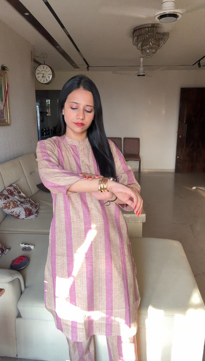 Purple & Brown Stripe Front Button Kurta Pant set - Coord Set for Women