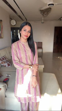 Purple & Brown Stripe Front Button Kurta Pant set - Coord Set for Women