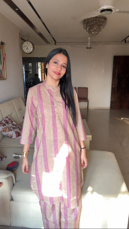 Purple & Brown Stripe Front Button Kurta Pant set - Coord Set for Women