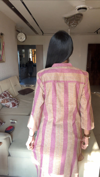 Purple & Brown Stripe Front Button Kurta Pant set - Coord Set for Women