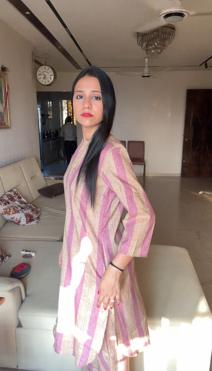 Purple & Brown Stripe Front Button Kurta Pant set - Coord Set for Women