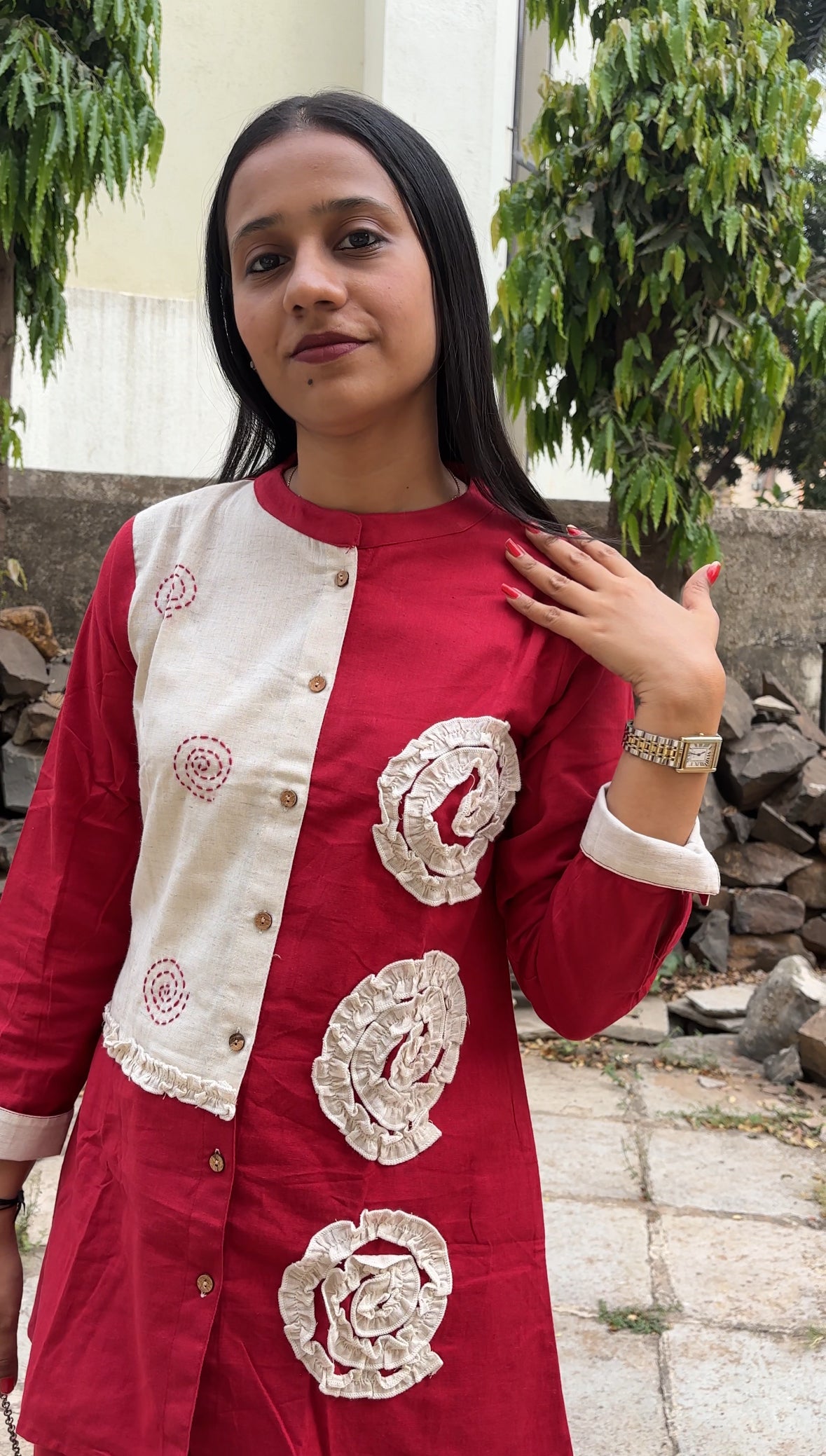 Red Cotton Co-Ord Set with Applique Work