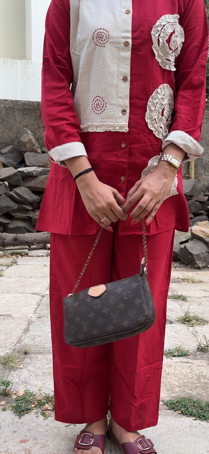 Red Cotton Co-Ord Set with Applique Work