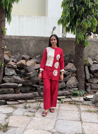 Red Cotton Co-Ord Set with Applique Work