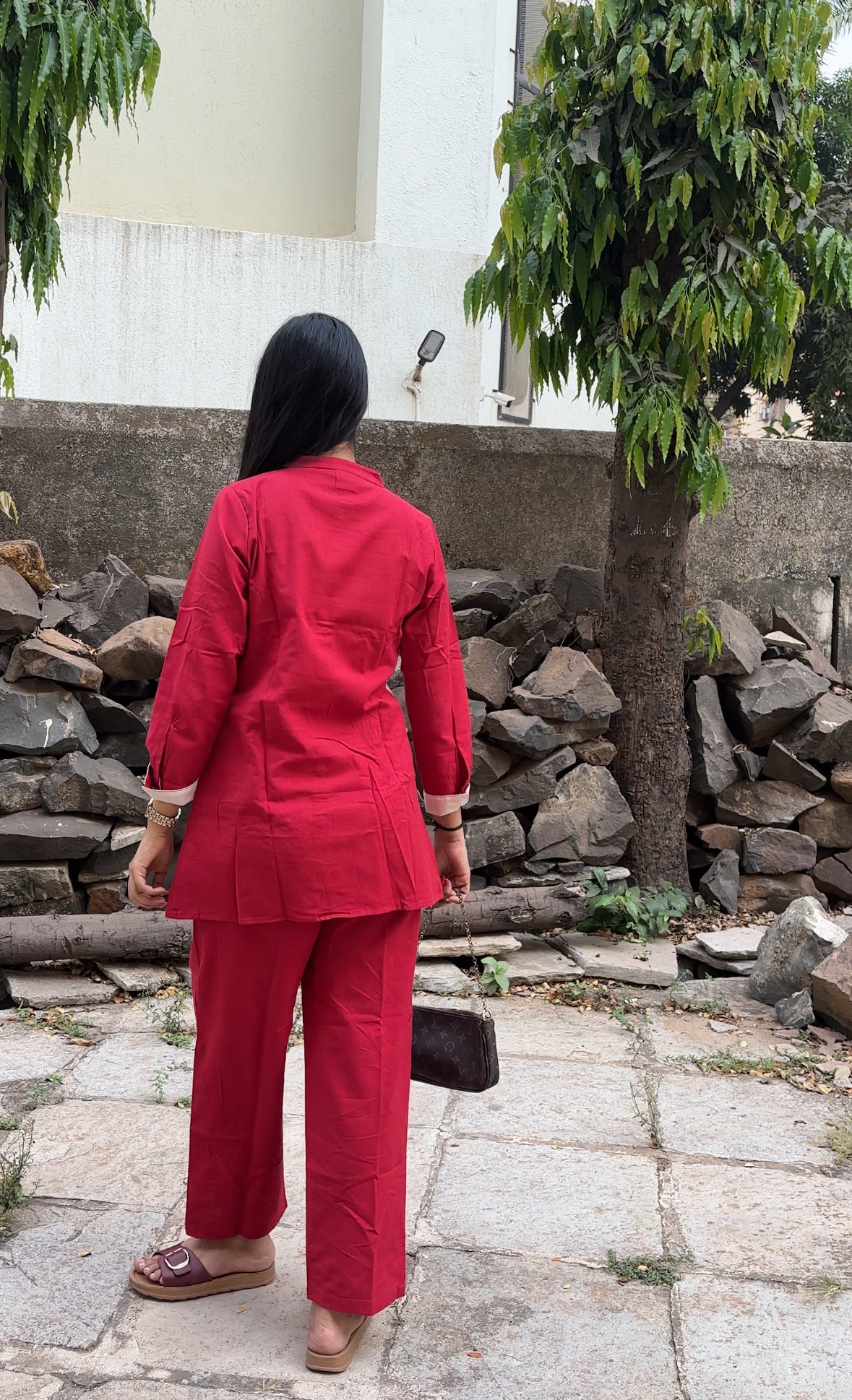 Red Cotton Co-Ord Set with Applique Work