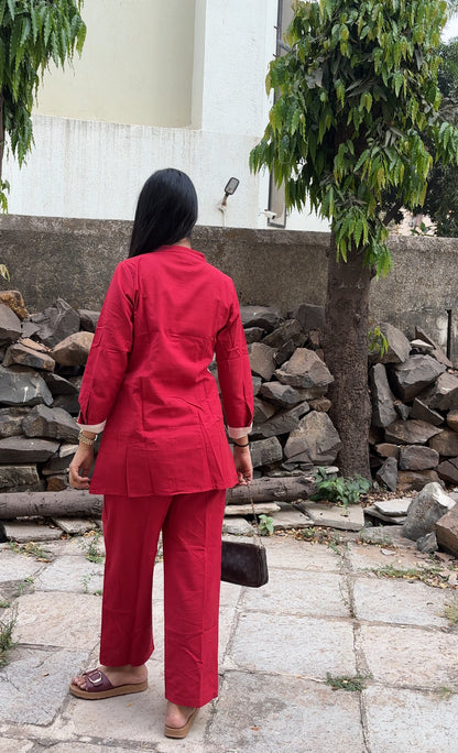 Red Cotton Co-Ord Set with Applique Work