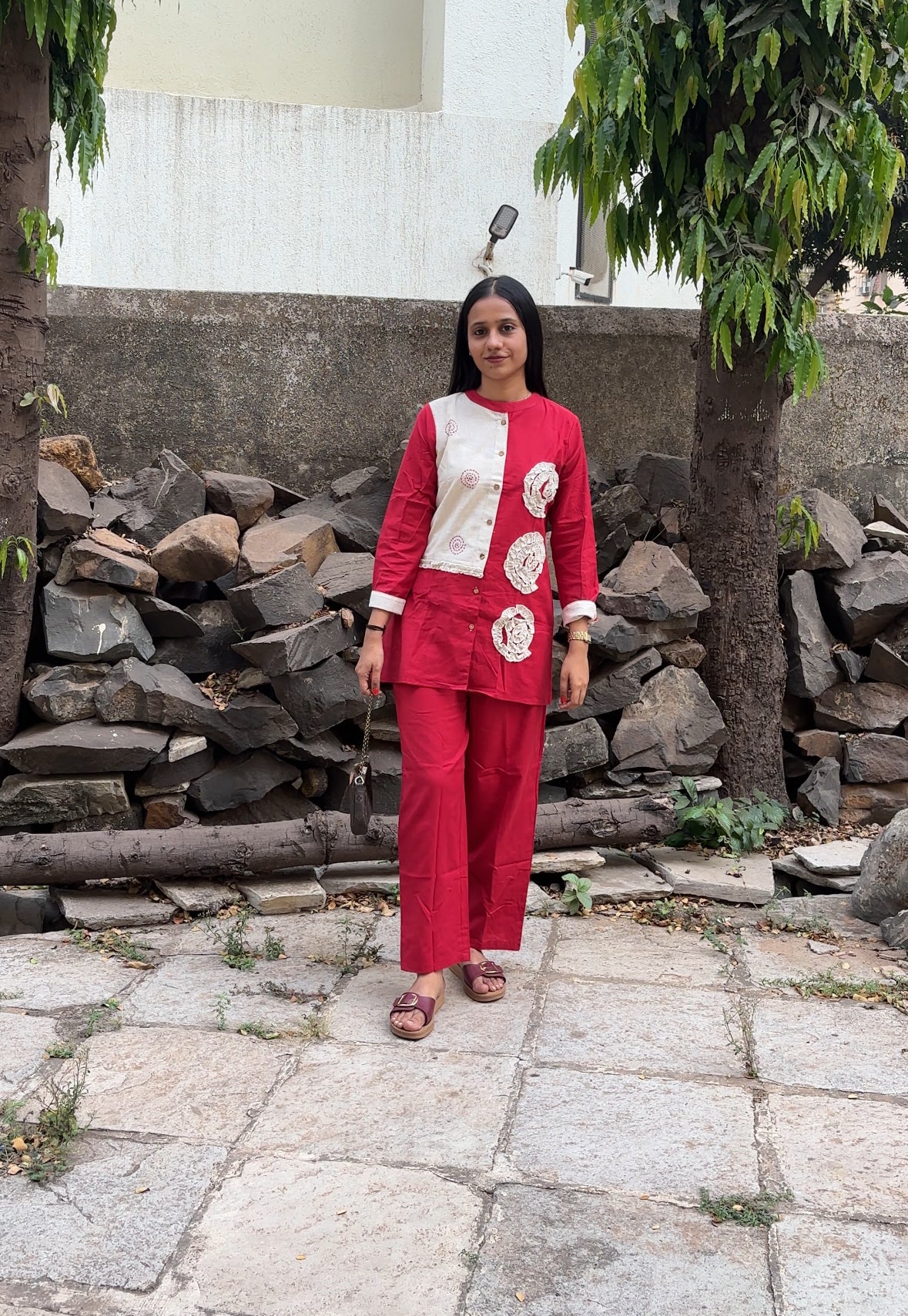 Red Cotton Co-Ord Set with Applique Work