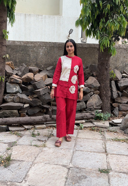 Red Cotton Co-Ord Set with Applique Work
