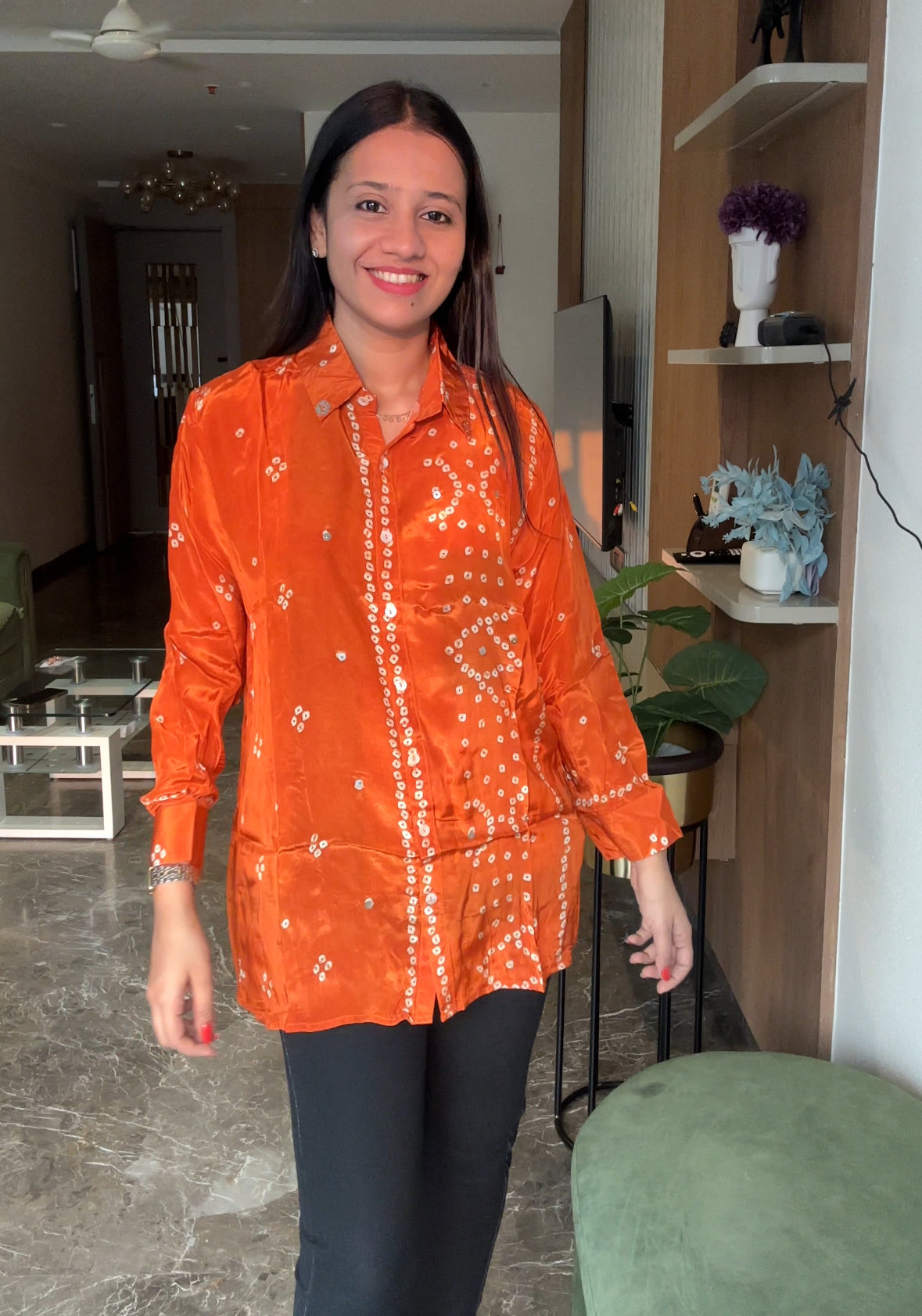 Orange Bandhani Printed Indo-Western Crepe Shirt Top