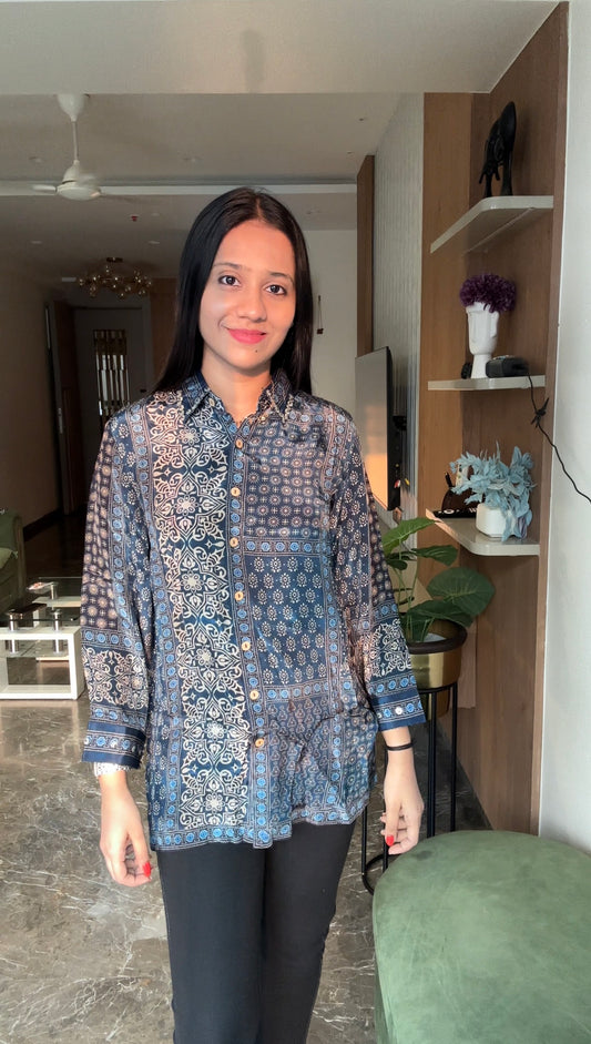 Designer Blue Ajrakh Printed Indo-Western Crepe Shirt Top