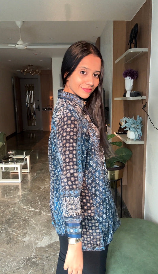 Designer Blue Ajrakh Printed Indo-Western Crepe Shirt Top
