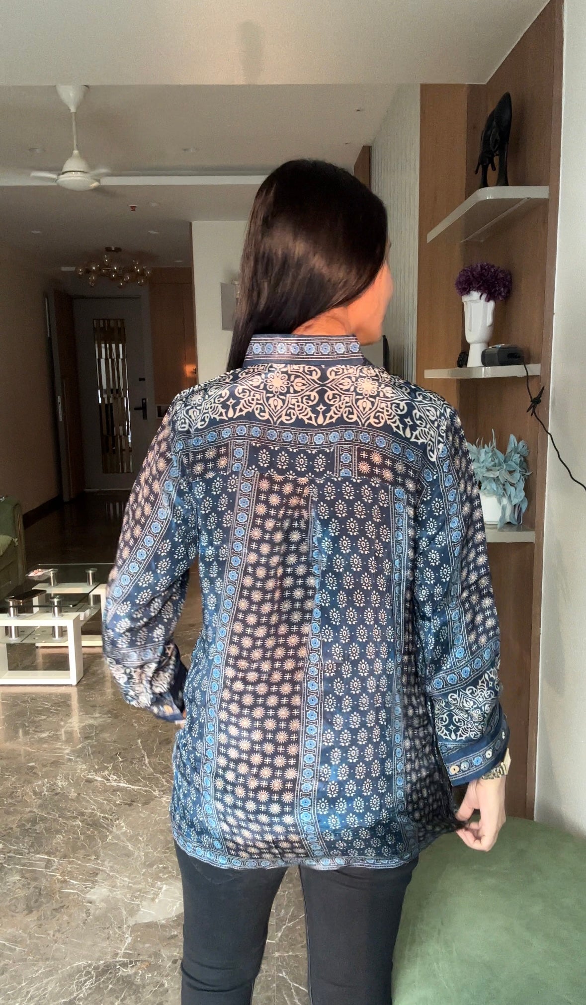 Designer Blue Ajrakh Printed Indo-Western Crepe Shirt Top