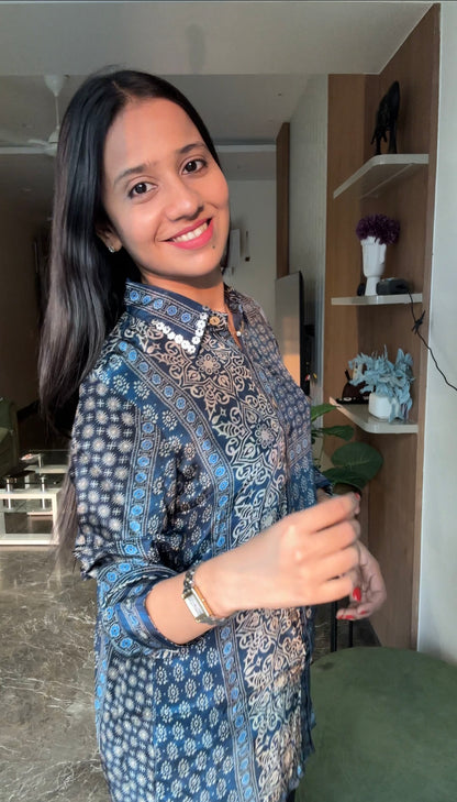 Designer Blue Ajrakh Printed Indo-Western Crepe Shirt Top - shirt