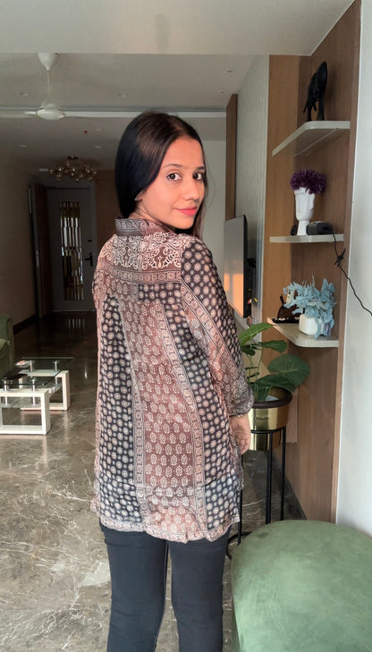 Designer Brown Ajrakh Printed Crepe Shirt - shirt