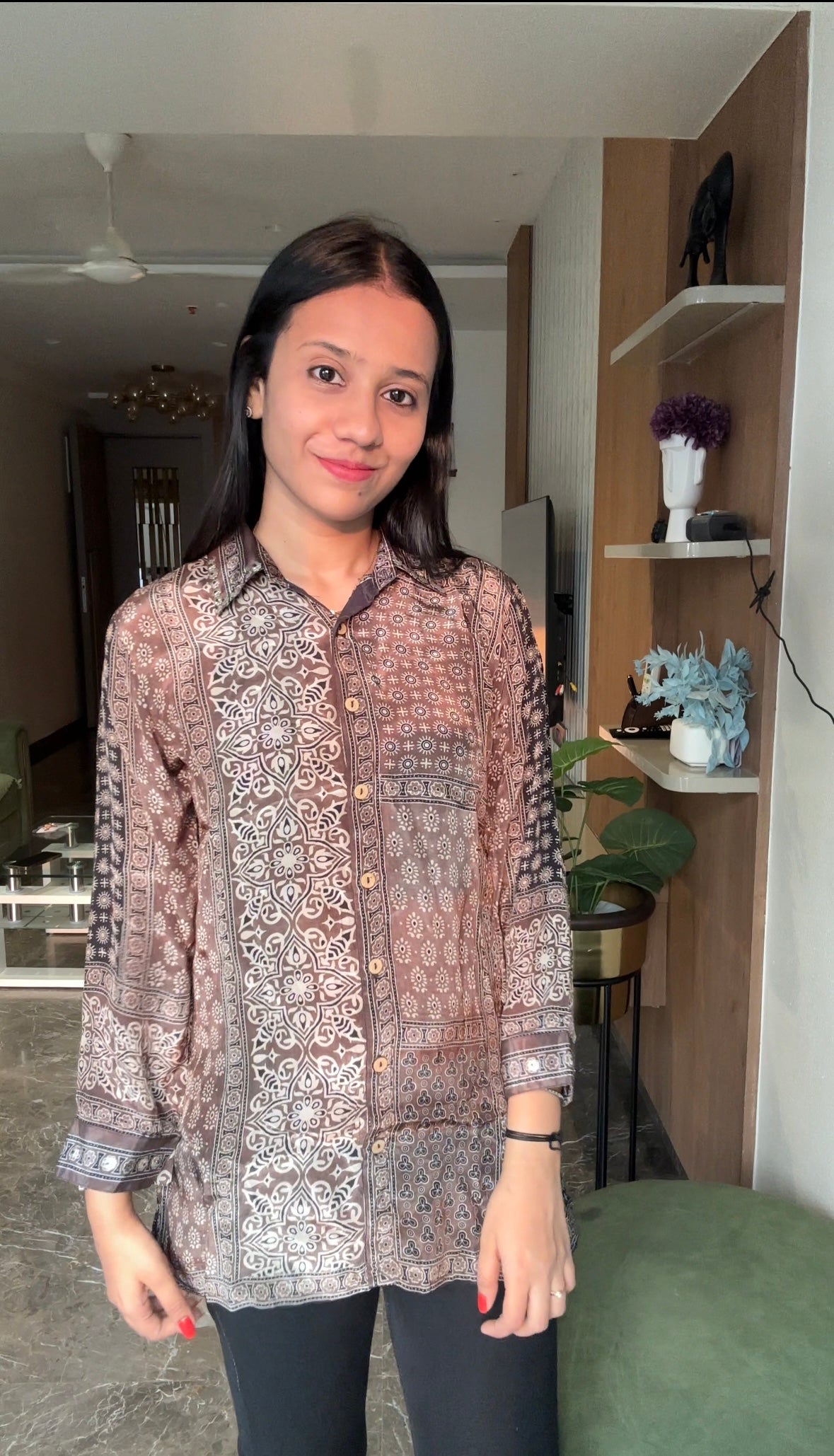 Designer Brown Ajrakh Printed Crepe Shirt