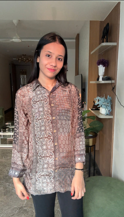Designer Brown Ajrakh Printed Crepe Shirt - shirt