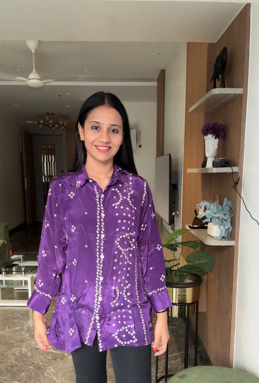 Purple Bandhani Printed Indo-Western Crepe Shirt Top