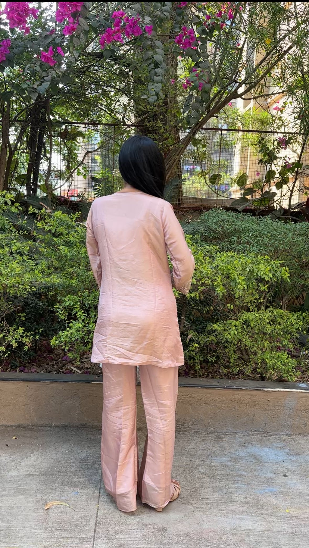 Peach Tissue Indo-Western Set- Blouse Kurta and Palazzo - Kurti Pant Set