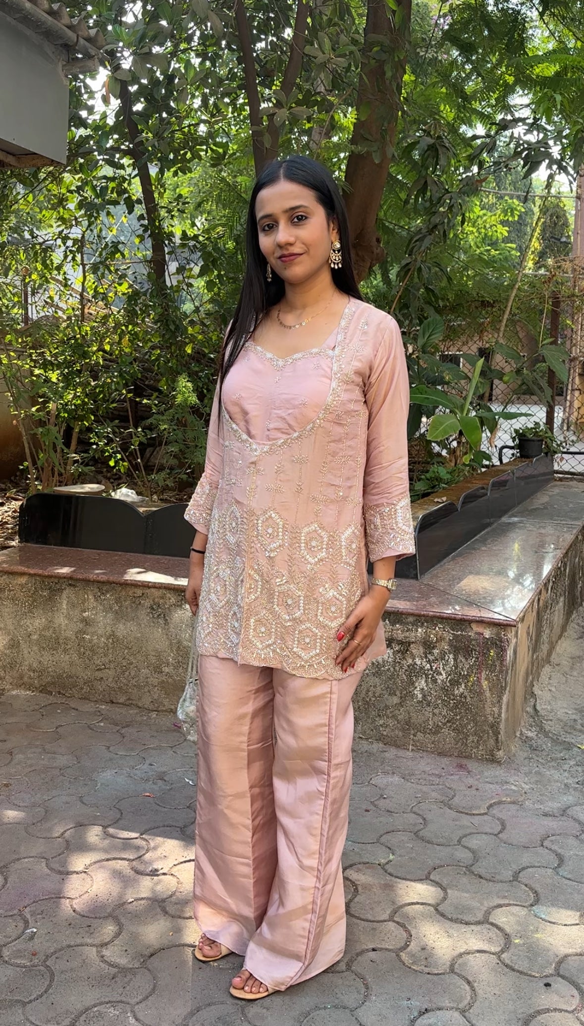 Peach Tissue Indo-Western Set- Blouse Kurta and Palazzo - Kurti Pant Set