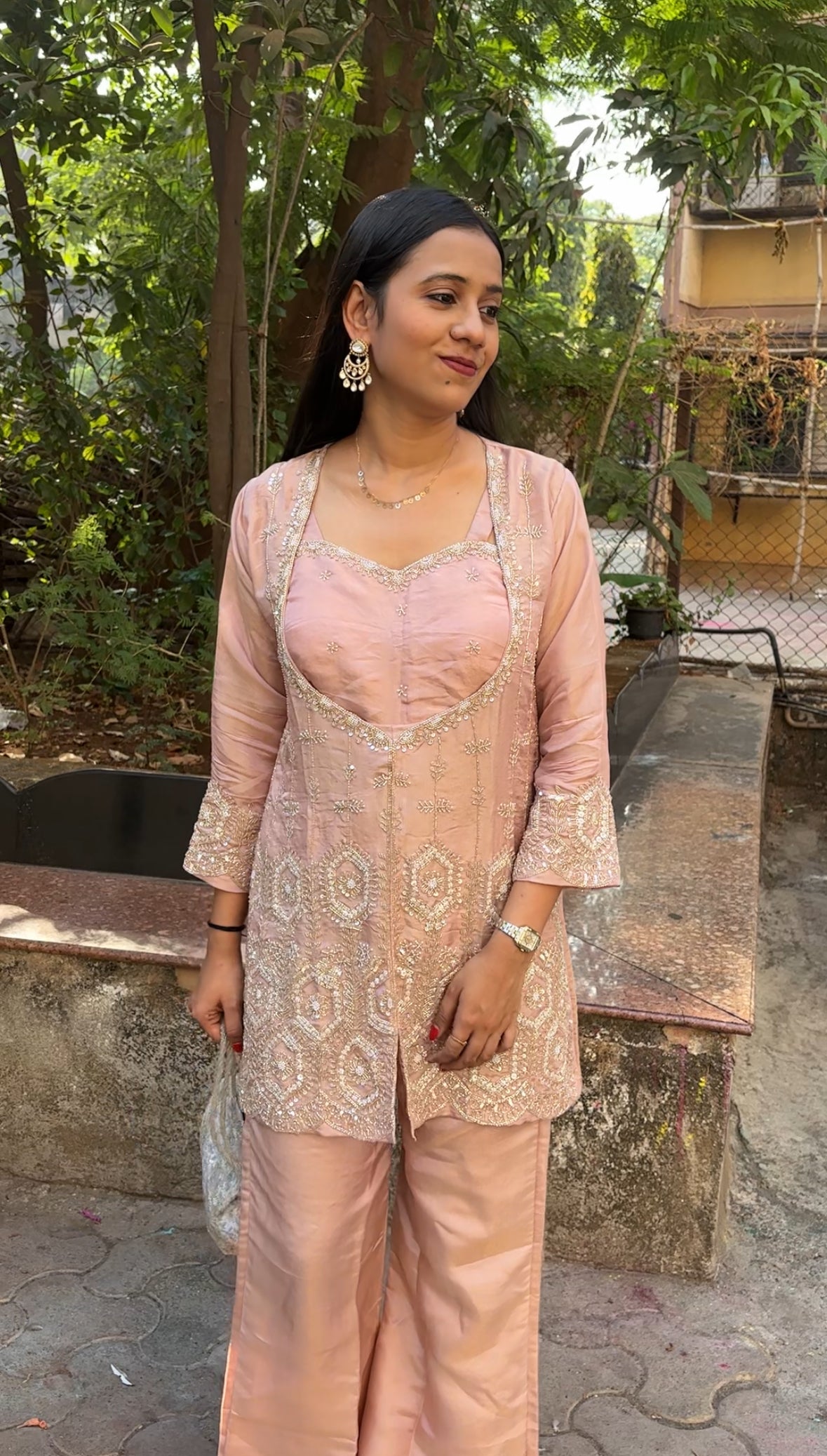 Peach Tissue Indo-Western Set- Blouse Kurta and Palazzo - Kurti Pant Set