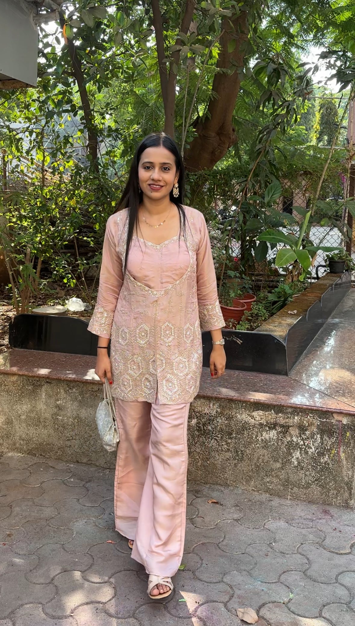 Peach Tissue Indo-Western Set- Blouse Kurta and Palazzo - Kurti Pant Set