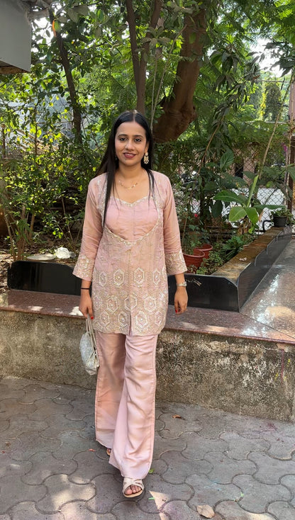 Peach Tissue Indo-Western Set- Blouse Kurta and Palazzo - Kurti Pant Set