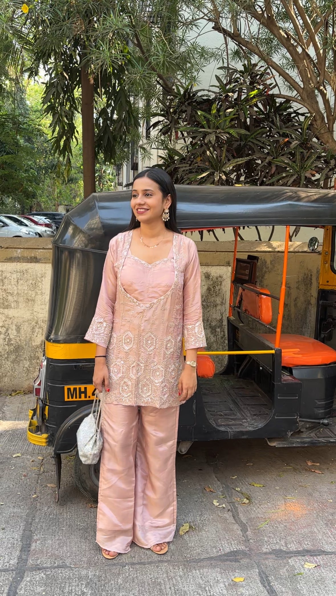 Peach Tissue Indo-Western Set- Blouse Kurta and Palazzo - Kurti Pant Set