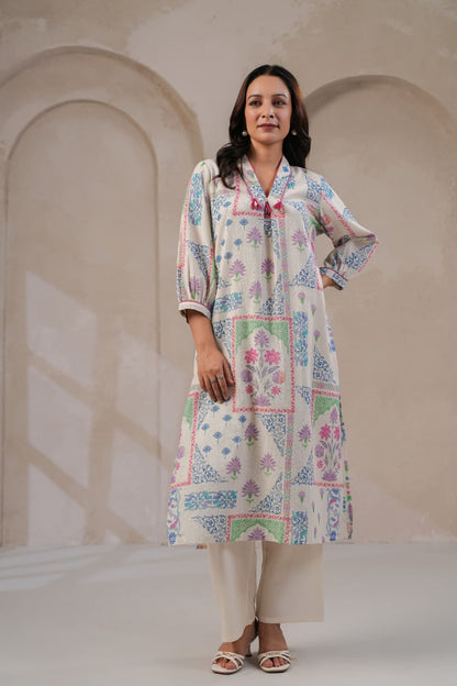 Women’s Pastel Jaipuri print Cotton flex Kurti Pant set with pockets - Suit Set Kurti Pant Dupatta Set