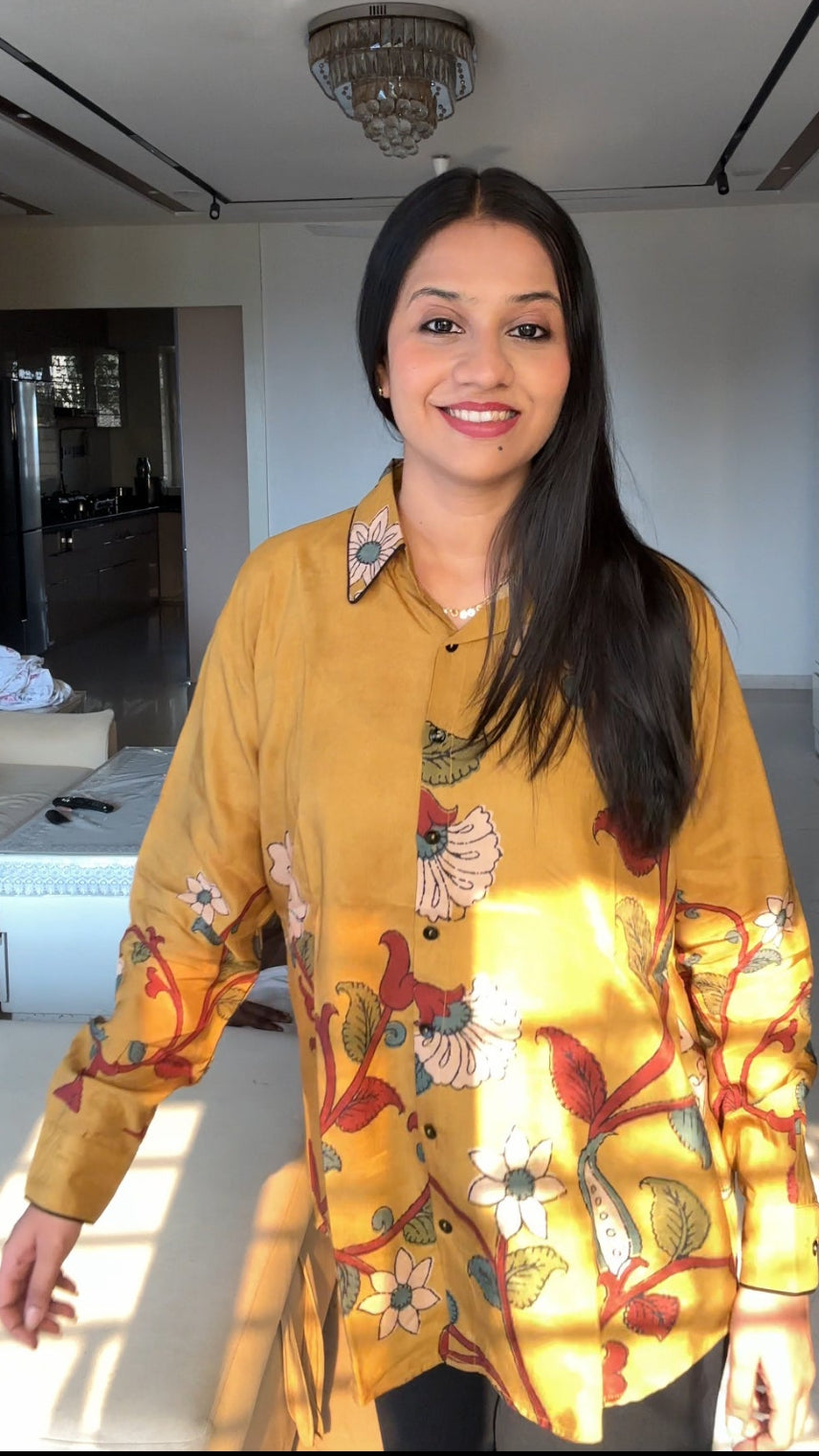 Mustard Kalamkari-Inspired Floral Muslin Shirt