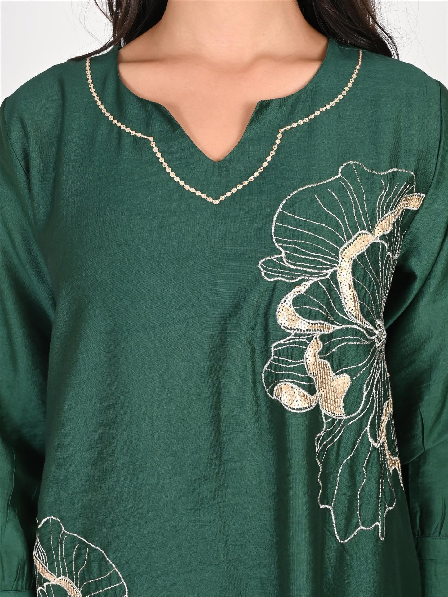 Green Zari Embroidery Asymmetrical Kurta Pant set