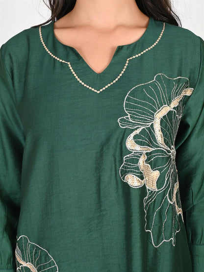 Green Zari Embroidery Asymmetrical Kurta Pant set - Coord Set for Women