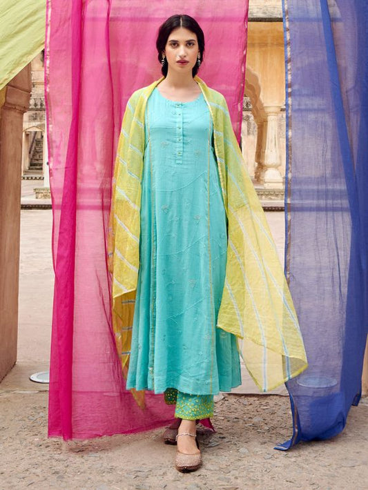 Firozi embroidered Kurta Pant Dupatta Set