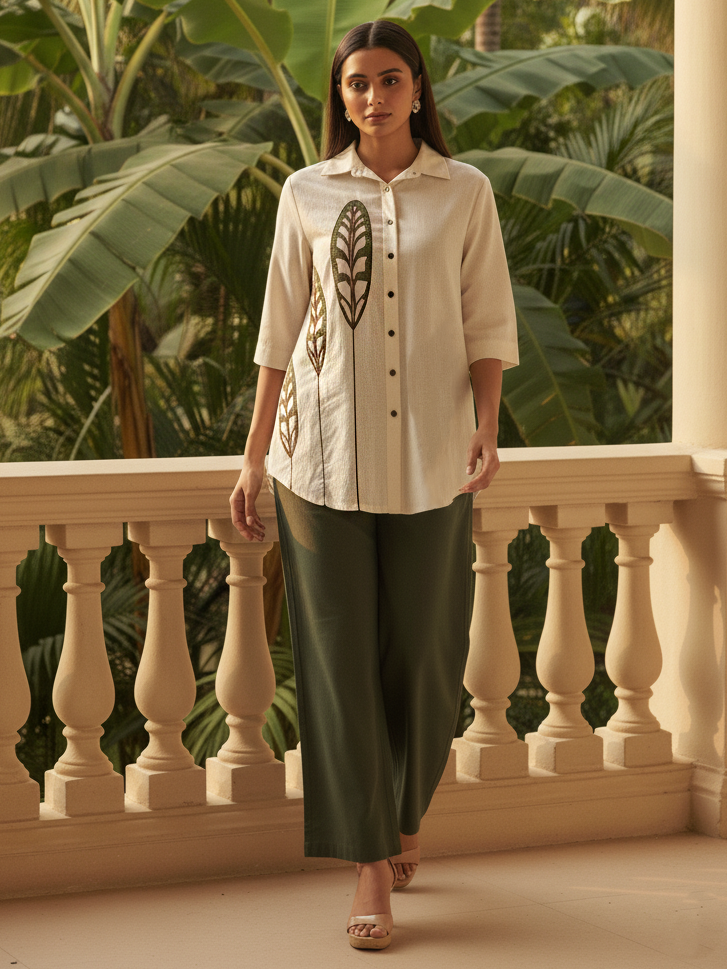 Natura Off White Shirt Co Ord Set with Green Wide Leg Pants