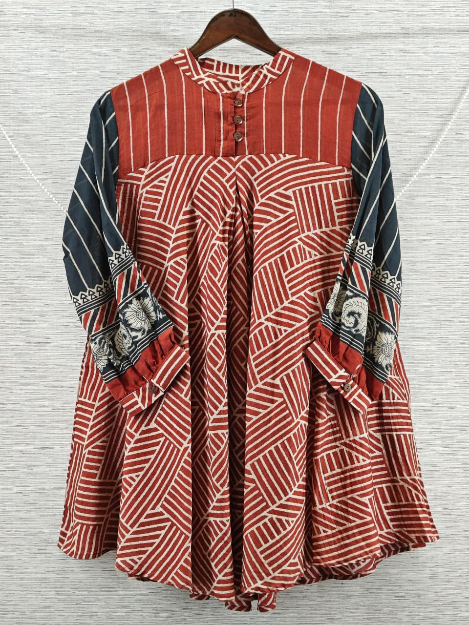 Red White stripe and geometric print Mul Chanderi Short Kurti