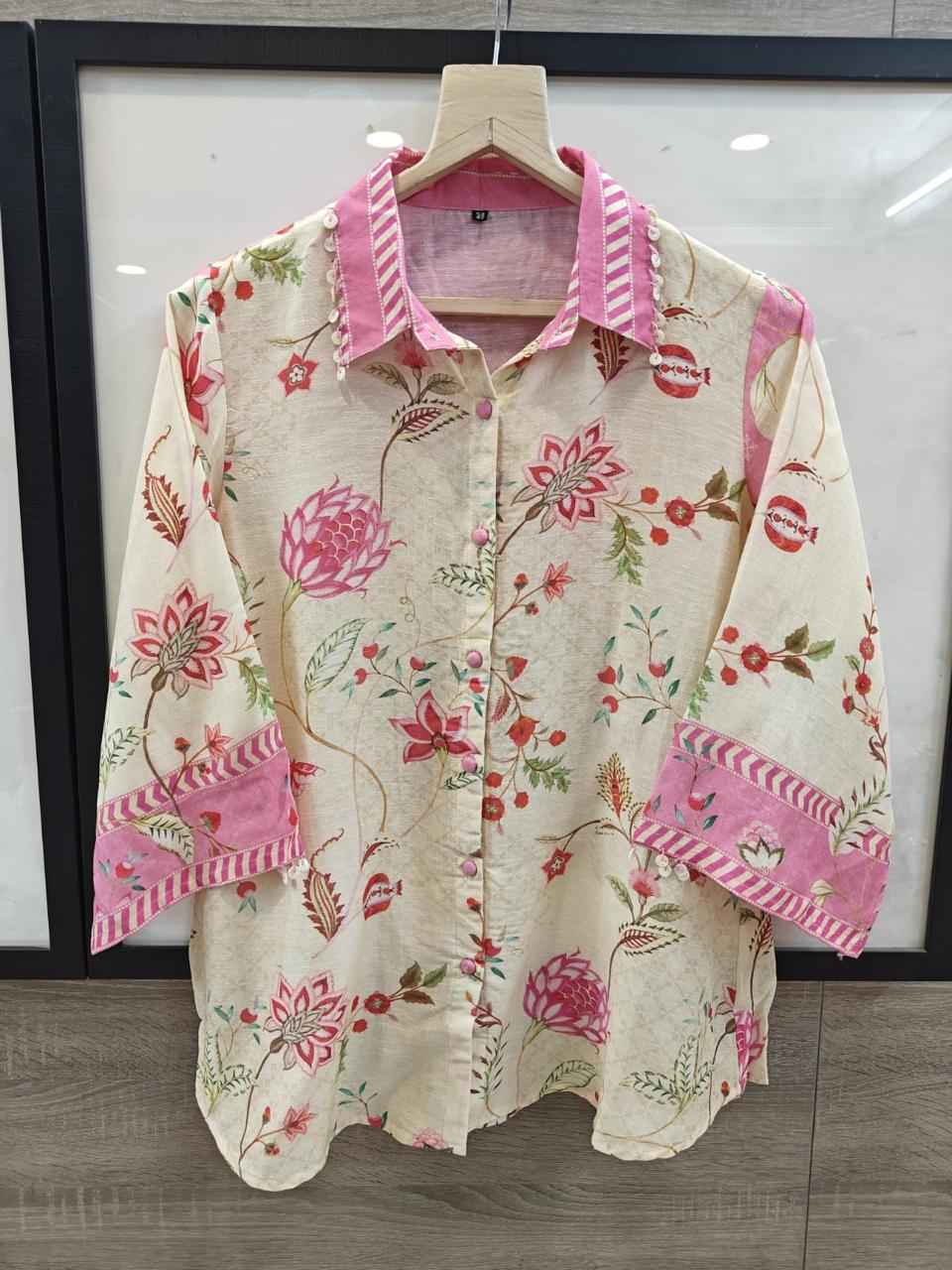 Pink Beige Floral mul chanderi Shirt