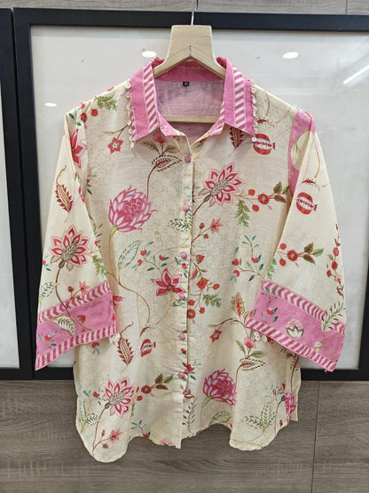 Pink Beige Floral mul chanderi Shirt