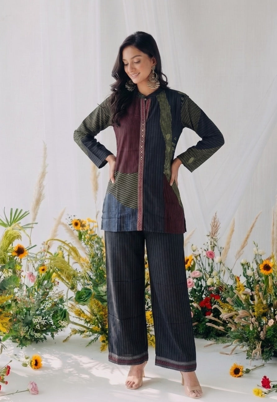 Black Olive Striped Color-Block Print Muslin Co-Ord Set for Women | Straight Top with Palazzo Pants – Indo-Western