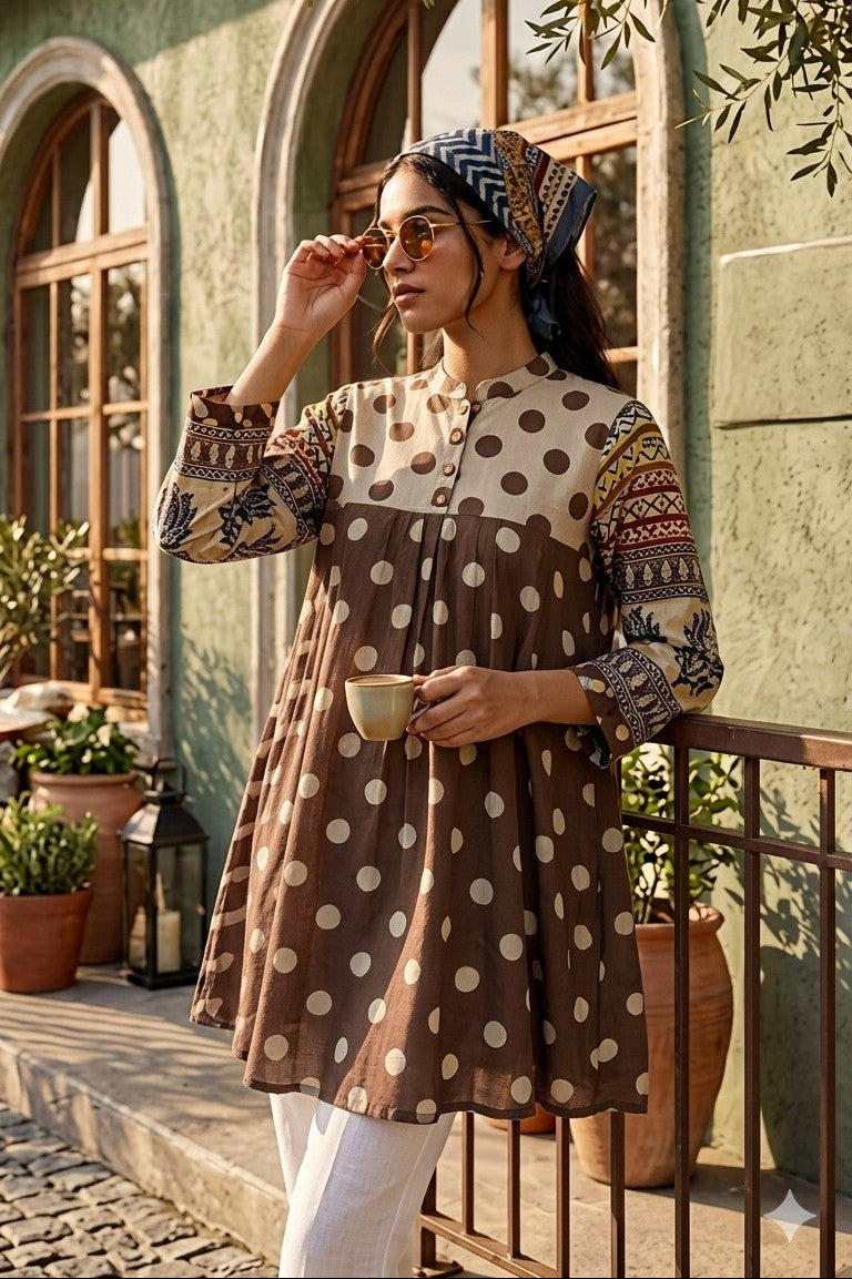 Brown beige Polka Dot Print Fusion A-Line Kurti