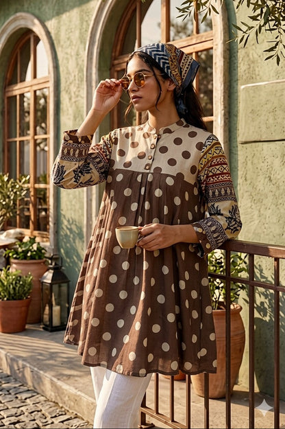 Brown beige Polka Dot Print Fusion A-Line Kurti