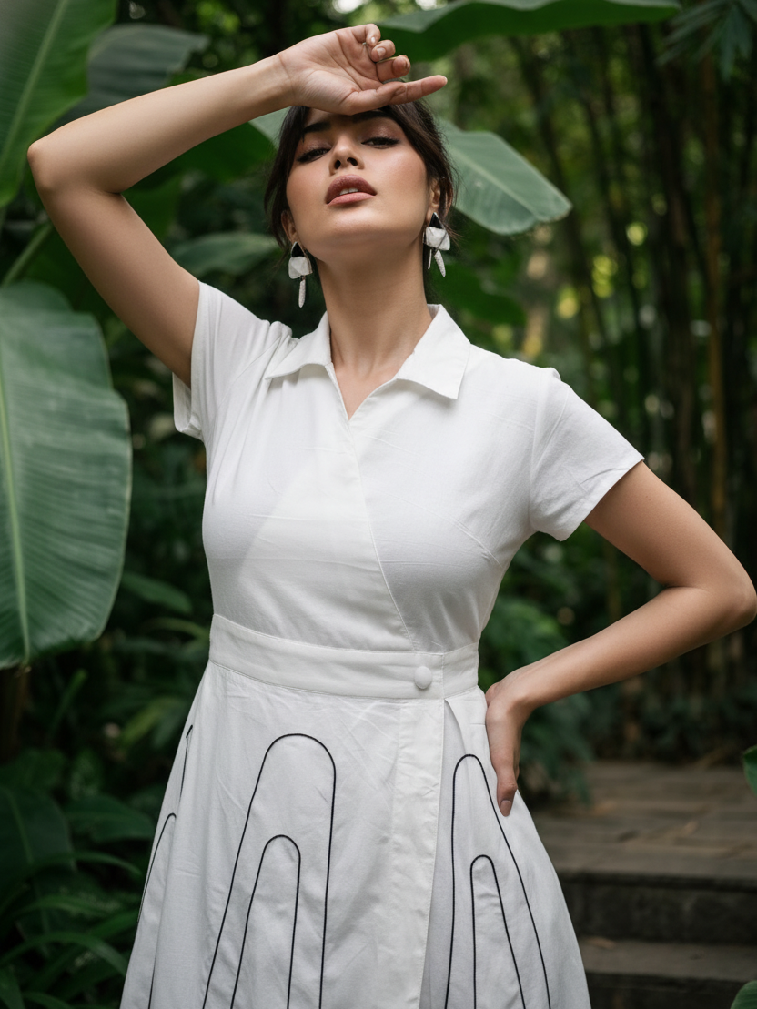Wrap Style White Midi Dress
