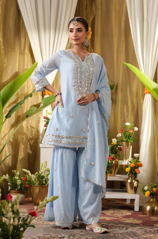 Powder Blue Mulmul Gota Handwork Kurta Gharara And Dupatta Set